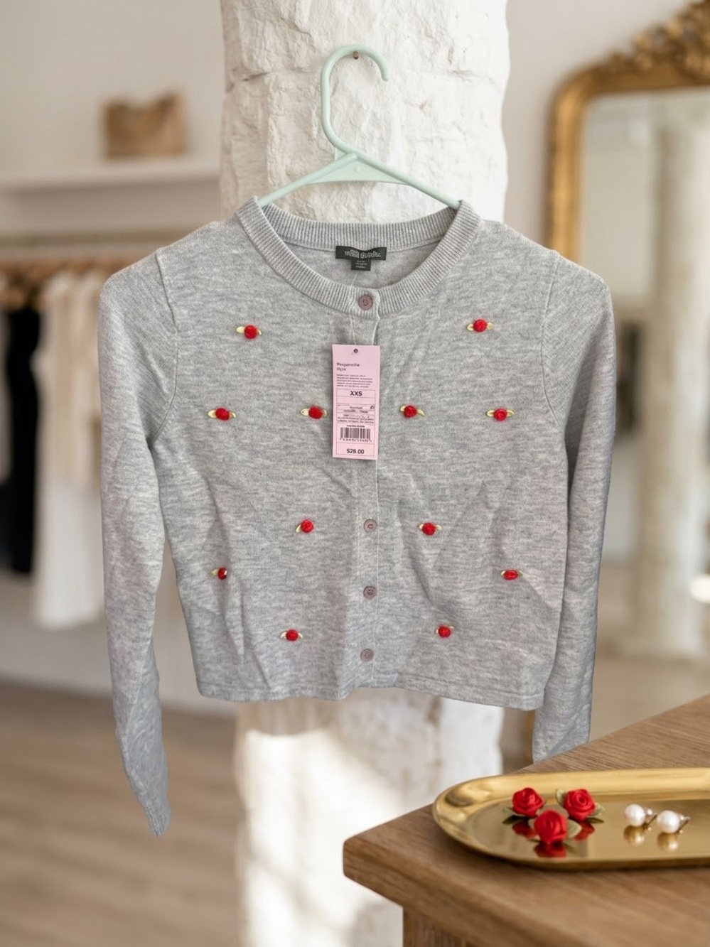 Needle & Thread Gray Cardigan with Red Floral Bead Accents